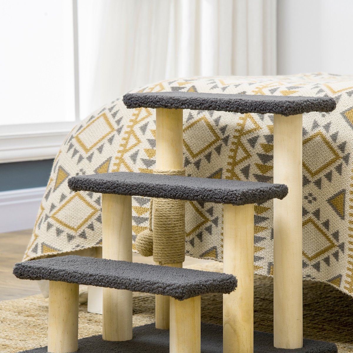 3-Tier Cat Scratching Post With Sisal Column & Play Ball, Pine Wood, Grey/Natural Wood