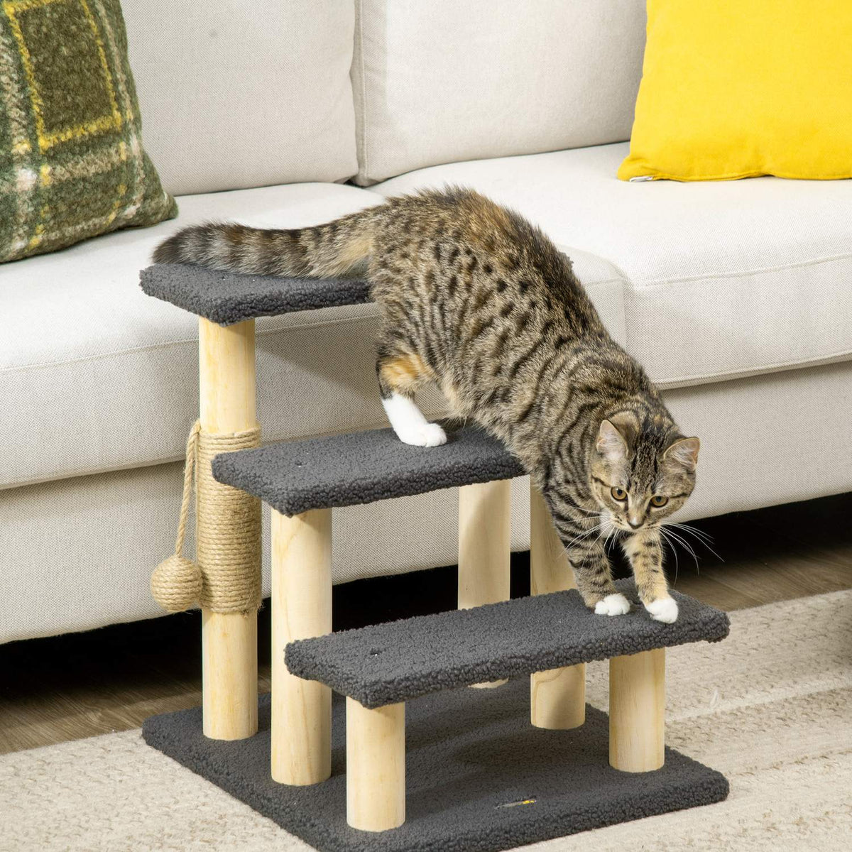 3-Tier Cat Scratching Post With Sisal Column & Play Ball, Pine Wood, Grey/Natural Wood