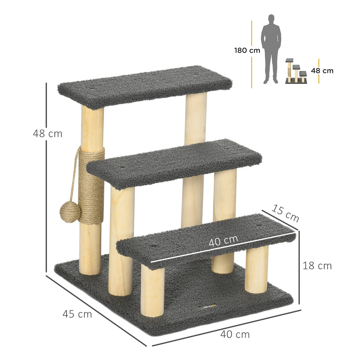 3-Tier Cat Scratching Post With Sisal Column & Play Ball, Pine Wood, Grey/Natural Wood