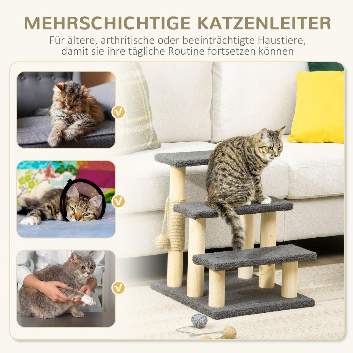 3-Tier Cat Scratching Post With Sisal Column & Play Ball, Pine Wood, Grey/Natural Wood