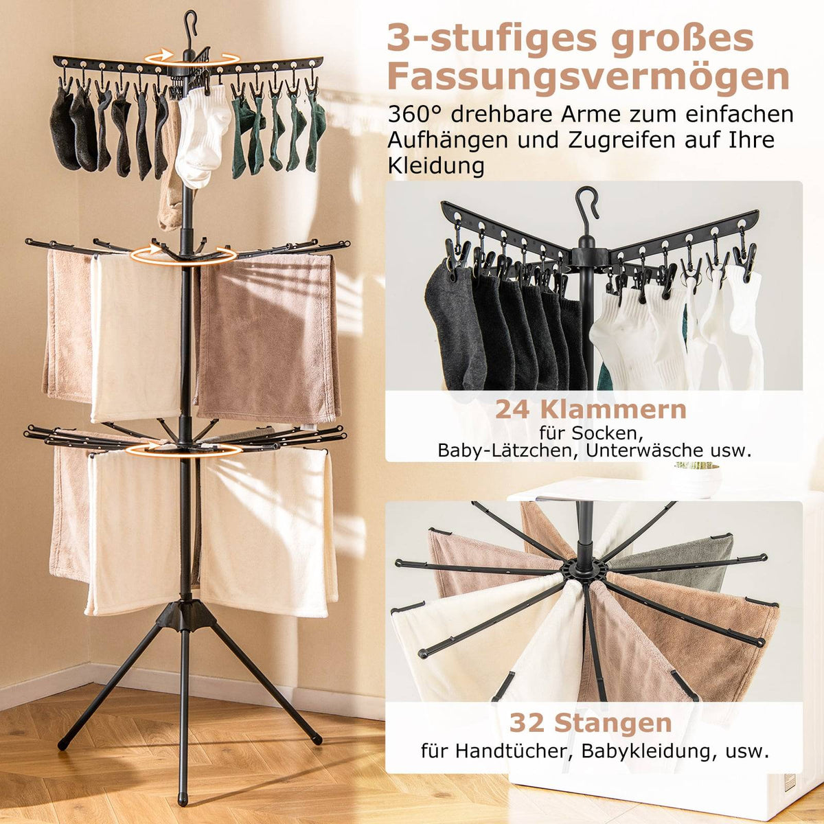 3-Tier Foldable Clothes Drying Rack, 178cm, Black