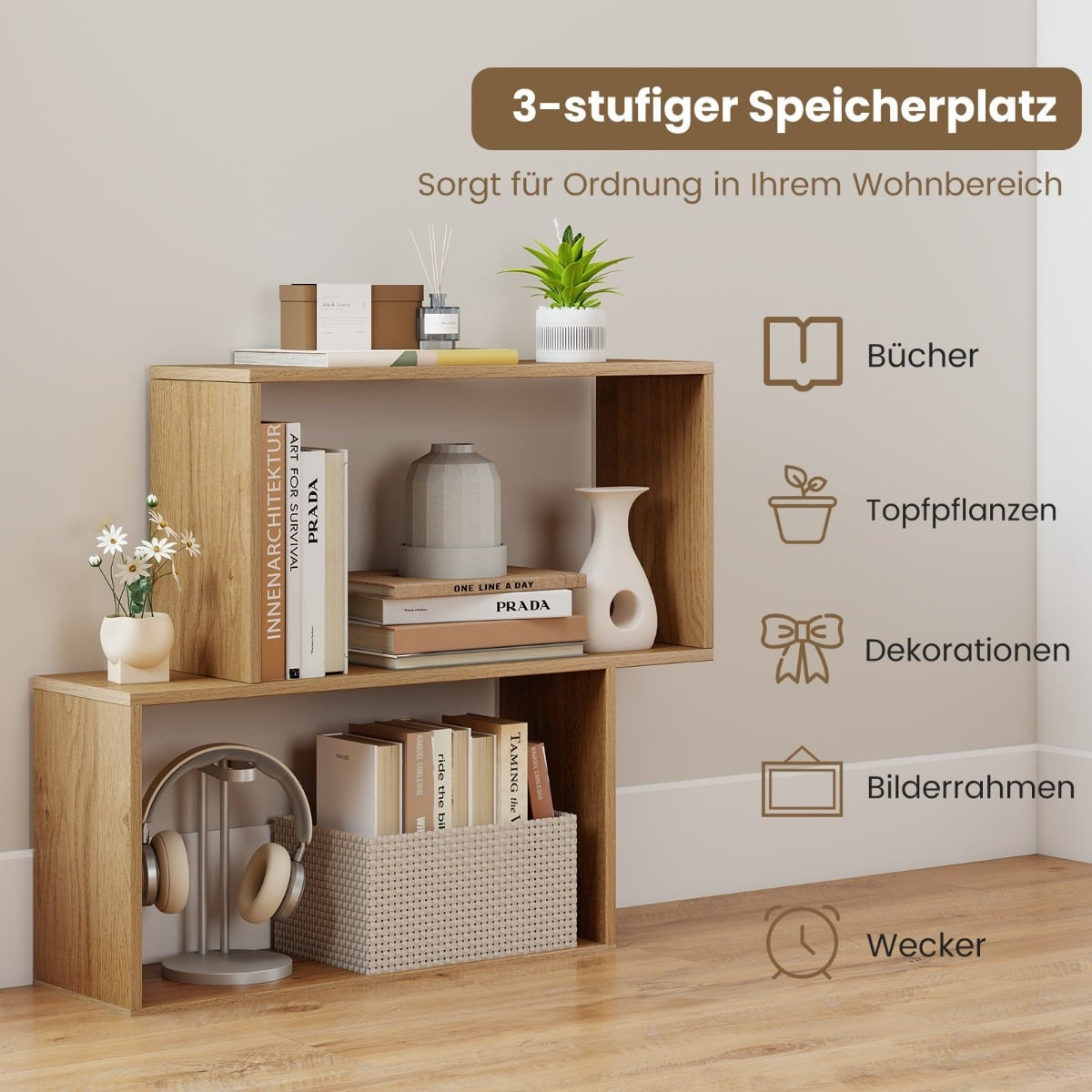 3-Tier Geometric Bookshelf, Freestanding Wood, Natural