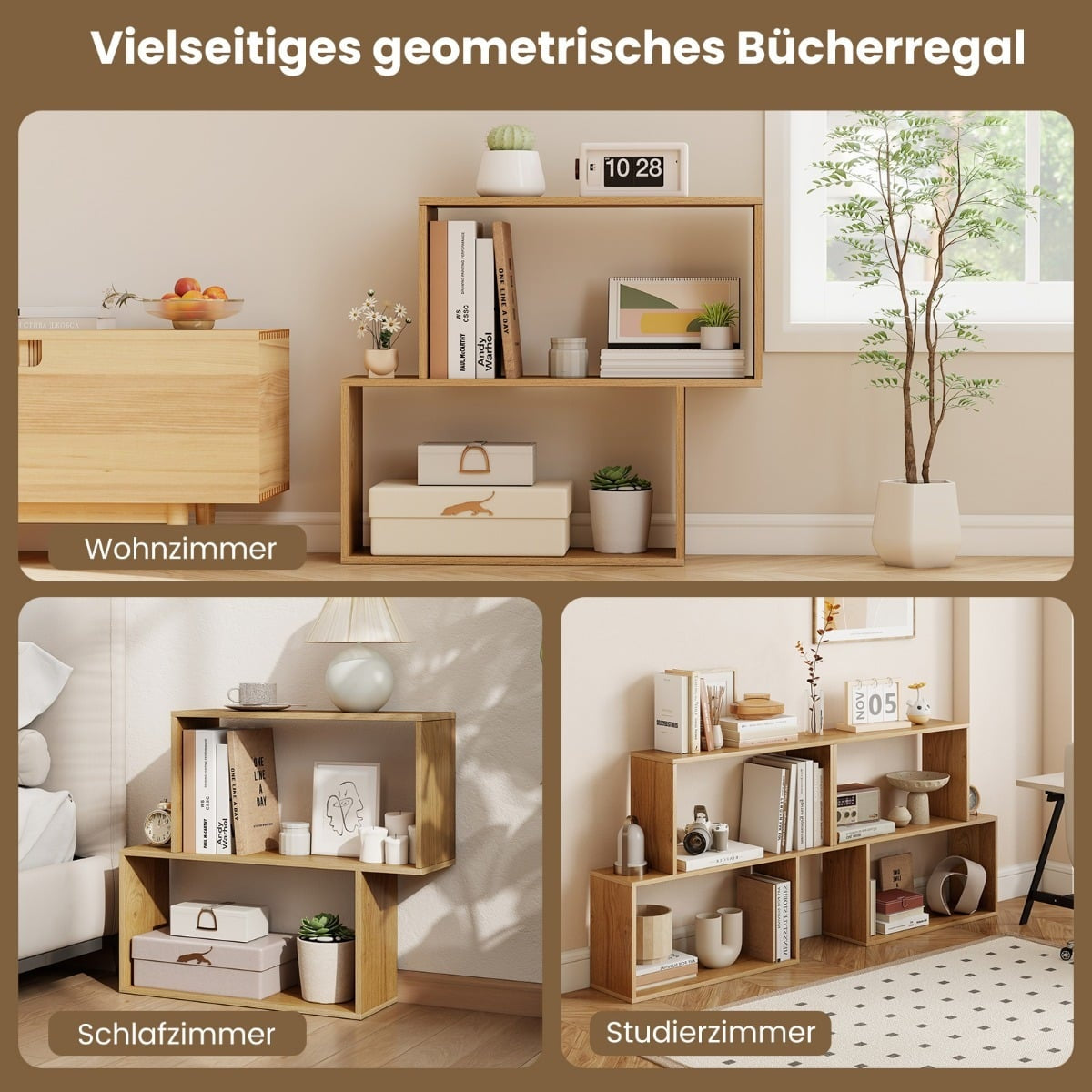 3-Tier Geometric Bookshelf, Freestanding Wood, Natural