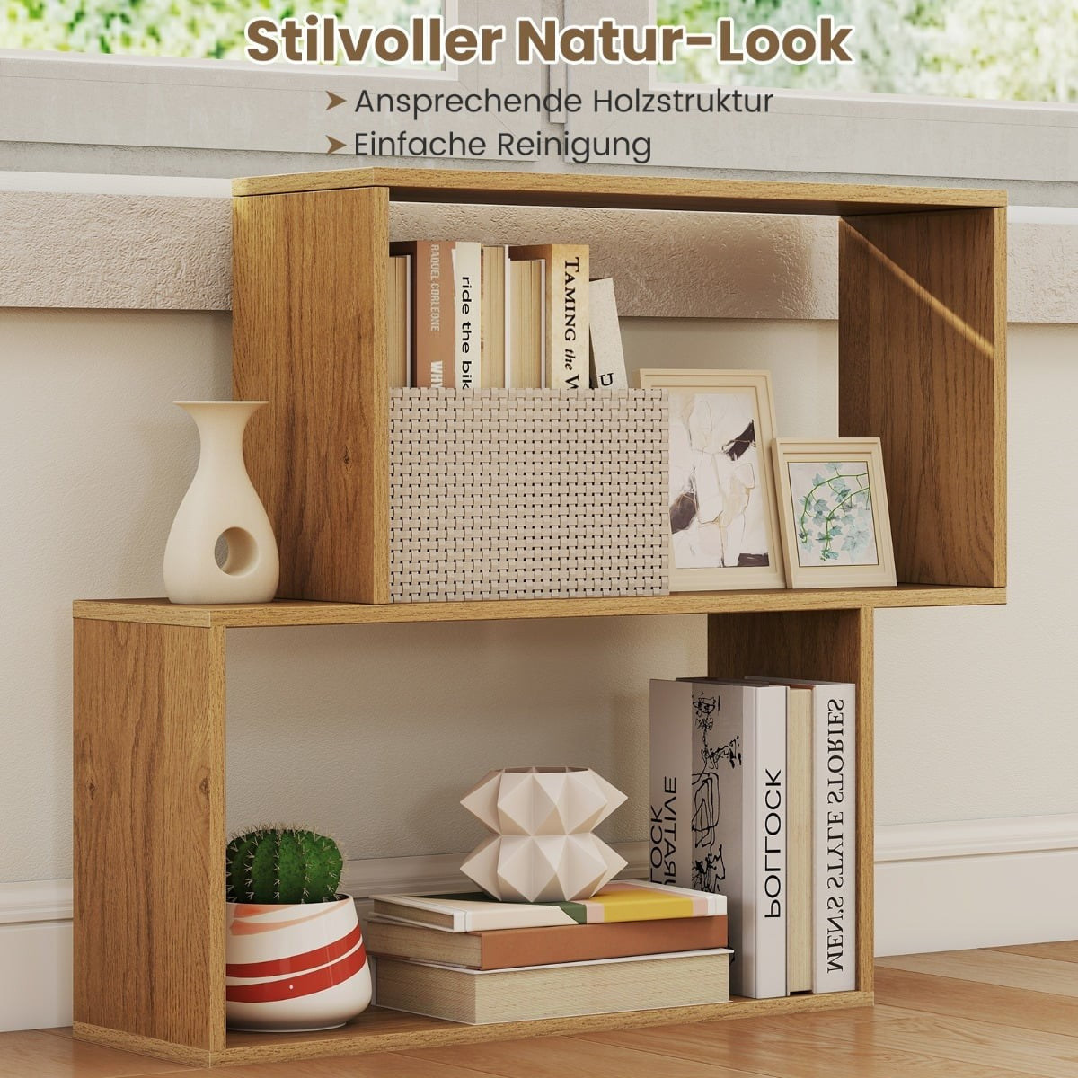3-Tier Geometric Bookshelf, Freestanding Wood, Natural