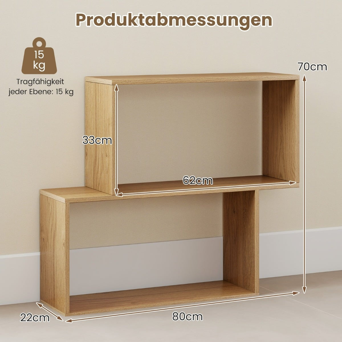3-Tier Geometric Bookshelf, Freestanding Wood, Natural