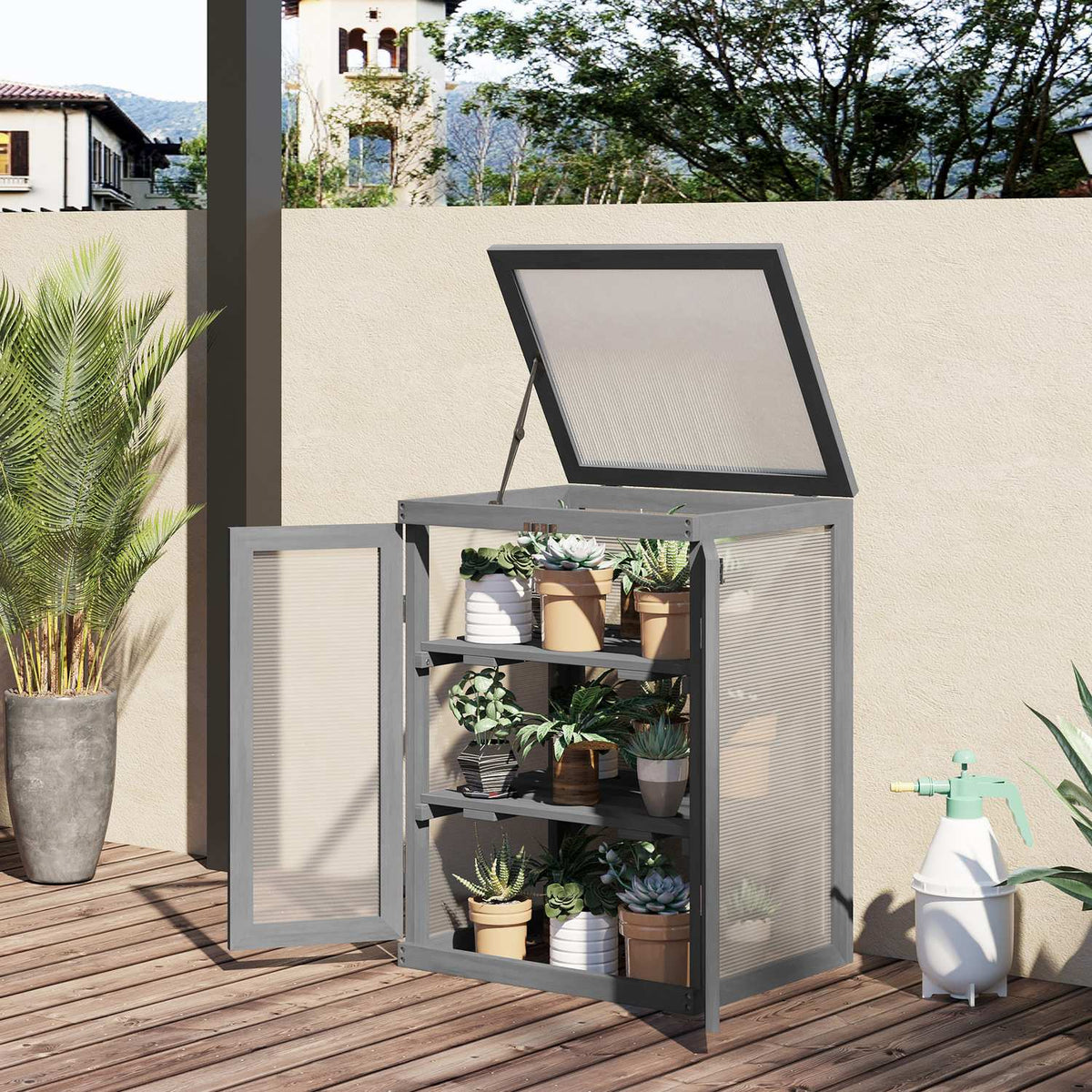 3 Tier Greenhouse Cold Frame Greenhouse Cold Frame Box With Two Doors Made Of Wood And Polycarbonate Weatherproof Load Capacity Up To 15 Kg (Per Shelf) Dark Gray