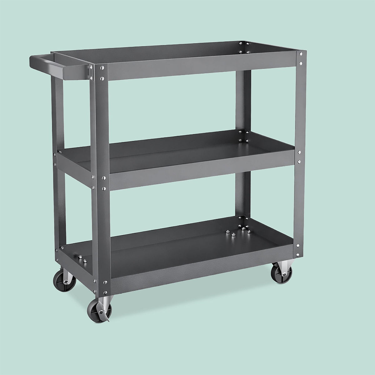 3-Tier Grey Tool Trolley with Shelves and Wheels