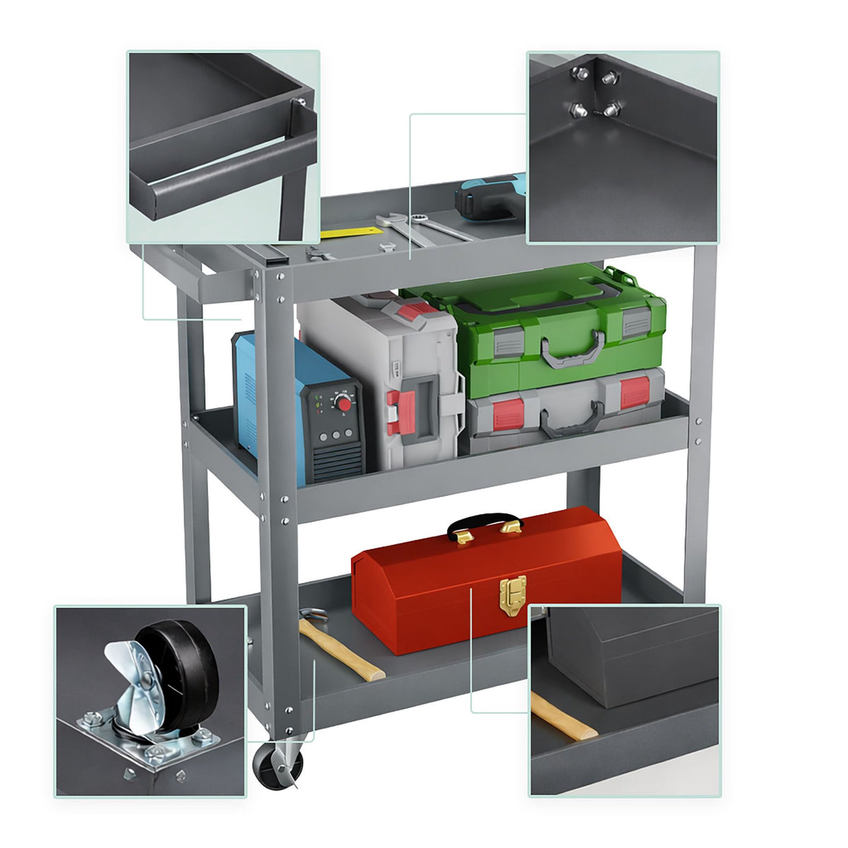 3-Tier Grey Tool Trolley with Shelves and Wheels