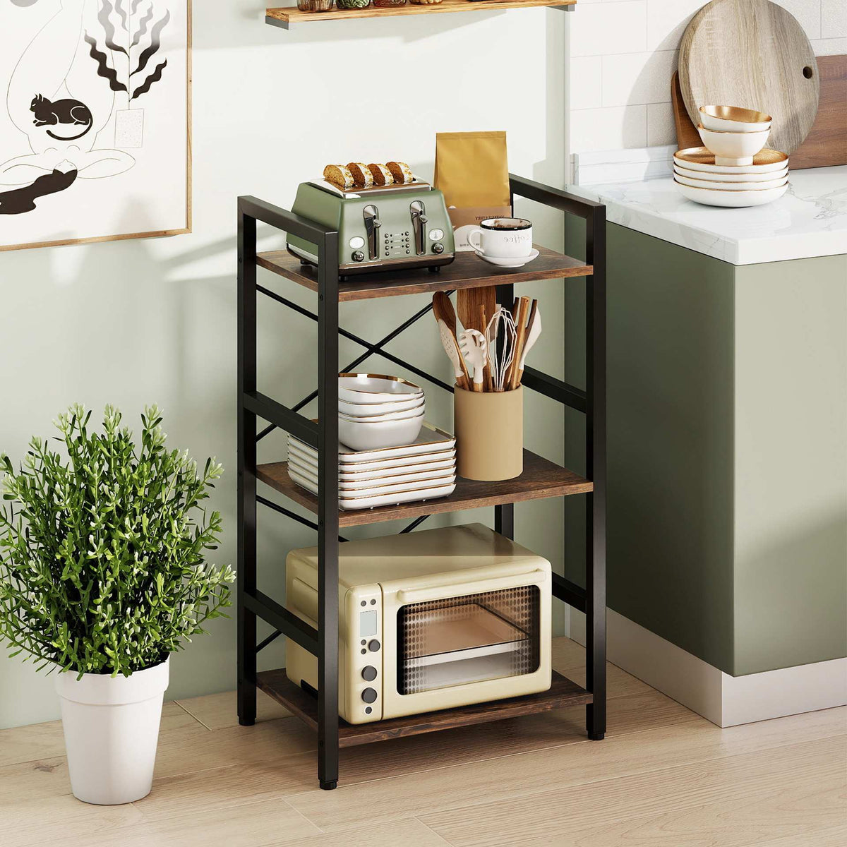 3-Tier Industrial Shelf with Metal Frame, Rustic Brown