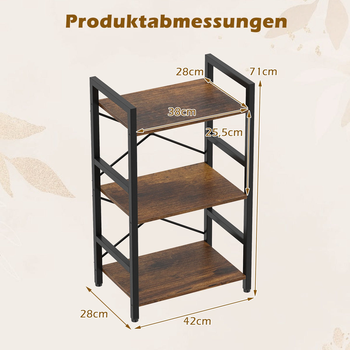 3-Tier Industrial Shelf with Metal Frame, Rustic Brown