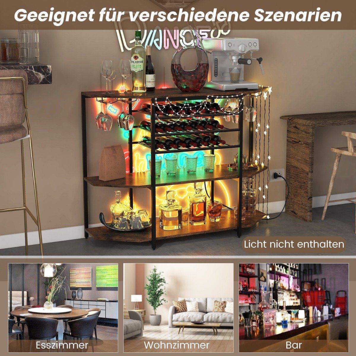 3 Tier Industrial Wine Rack with Sockets & Bottle Rack & Glass Holders Wine Bar Cabinet Brown