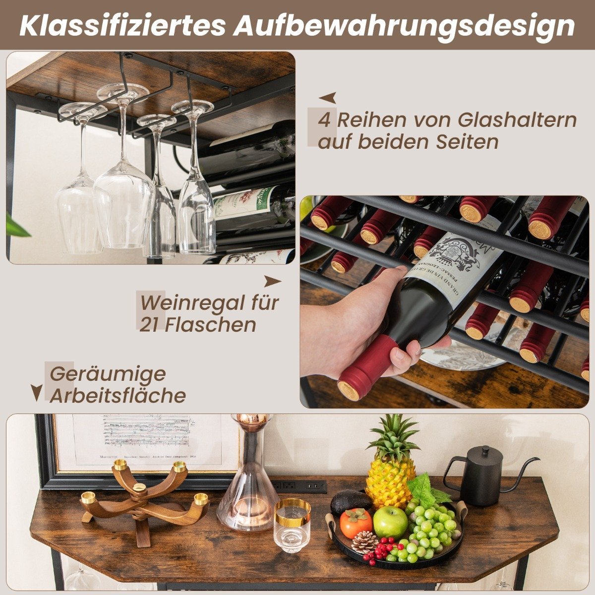 3 Tier Industrial Wine Rack with Sockets & Bottle Rack & Glass Holders Wine Bar Cabinet Brown