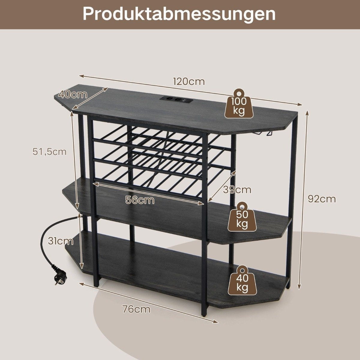 3 Tier Industrial Wine Rack with Sockets & Bottle Rack & Glass Holders Wine Bar Cabinet Gray