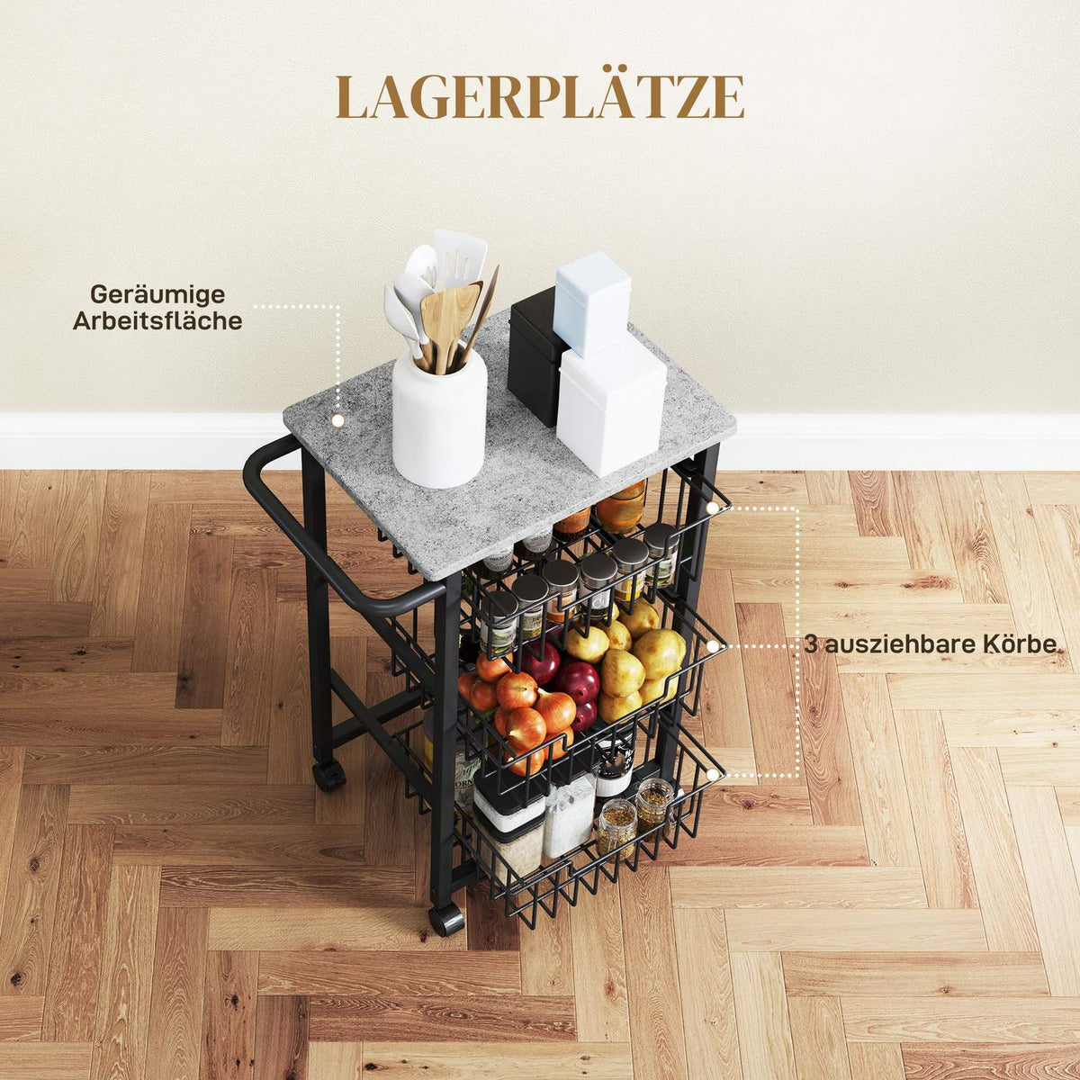 3-Tier Kitchen Cart on Wheels with Steel Baskets