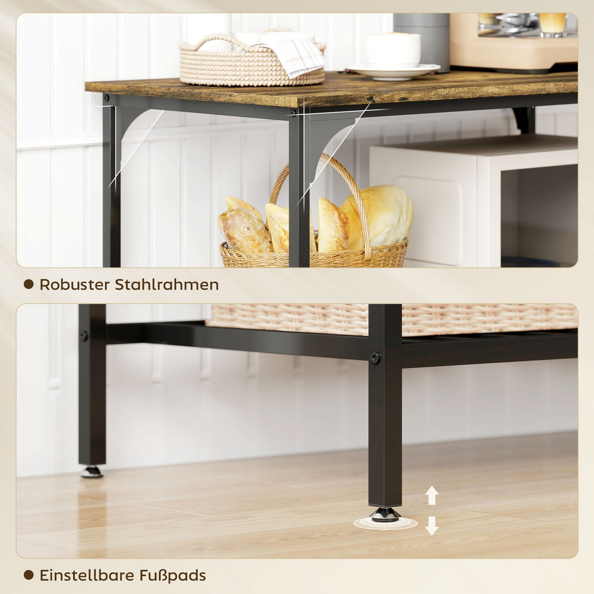 3-Tier Kitchen Shelf, Steel Frame, Rustic Brown/Black