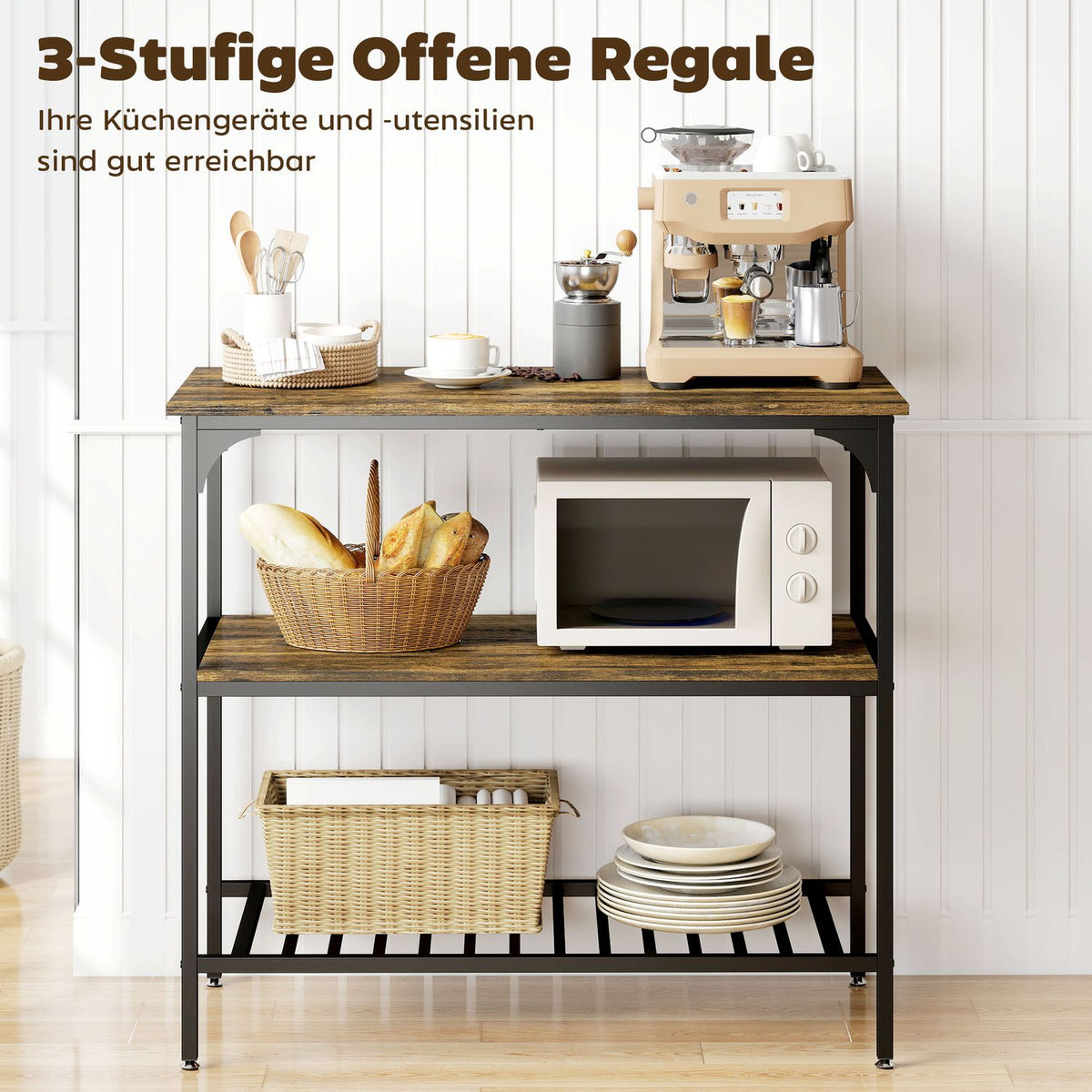 3-Tier Kitchen Shelf, Steel Frame, Rustic Brown/Black