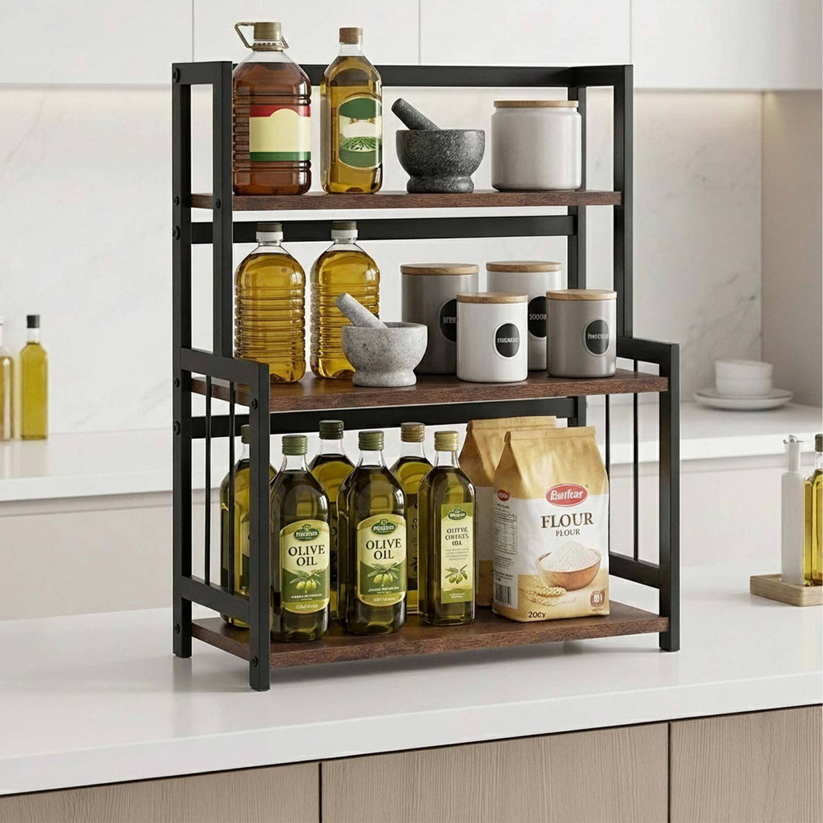 3-Tier Kitchen Spice Rack, MDF and Iron, Brown/Black