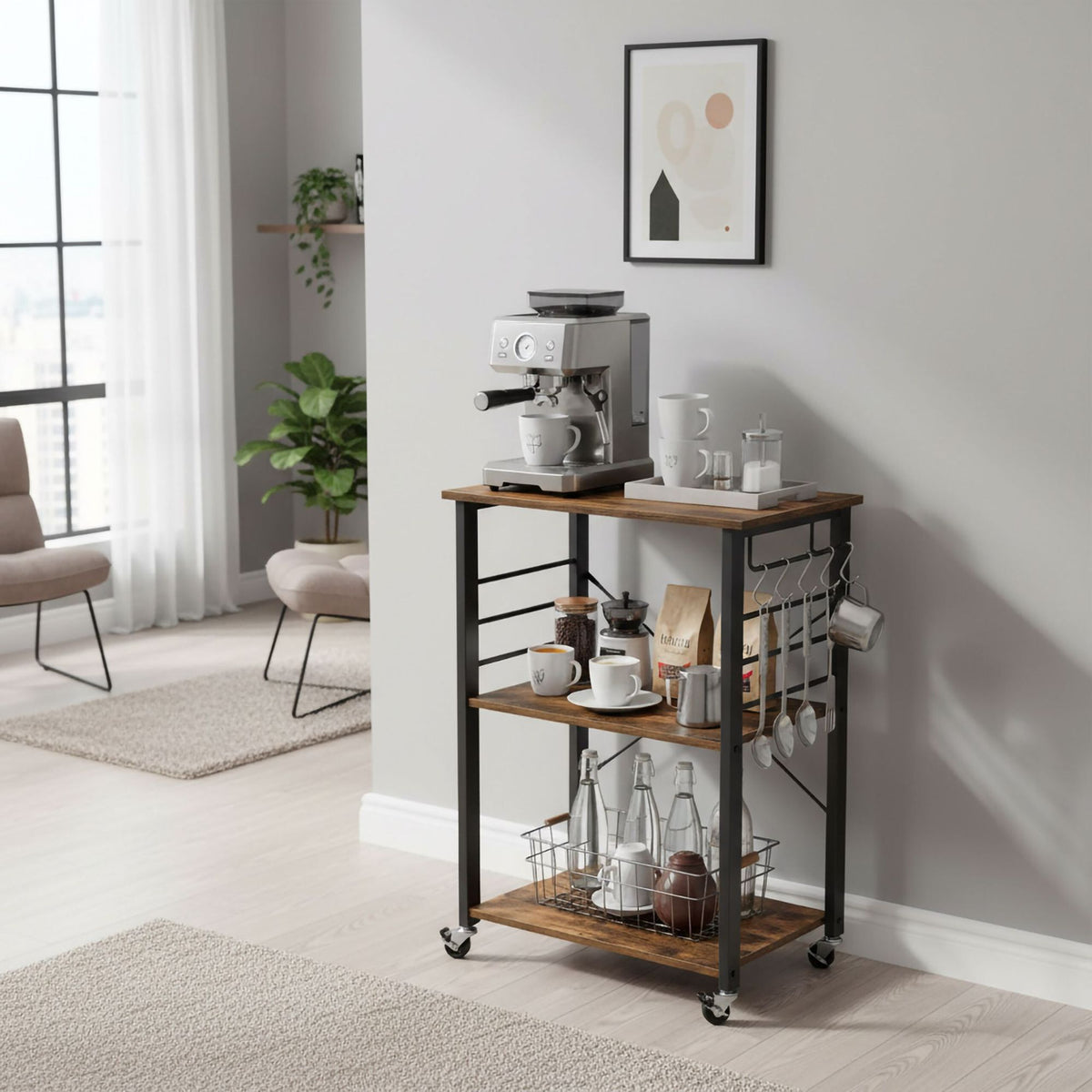 3-Tier Kitchen Trolley with Hooks and Wheels