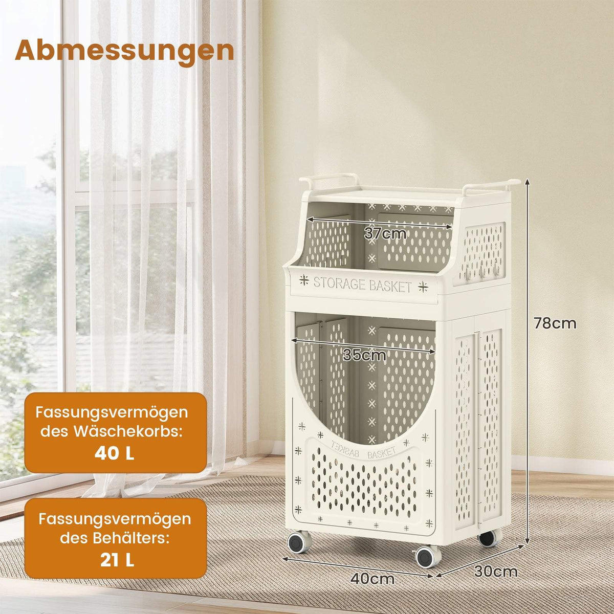 3-Tier Laundry Cart with Foldable Bag and Wheels