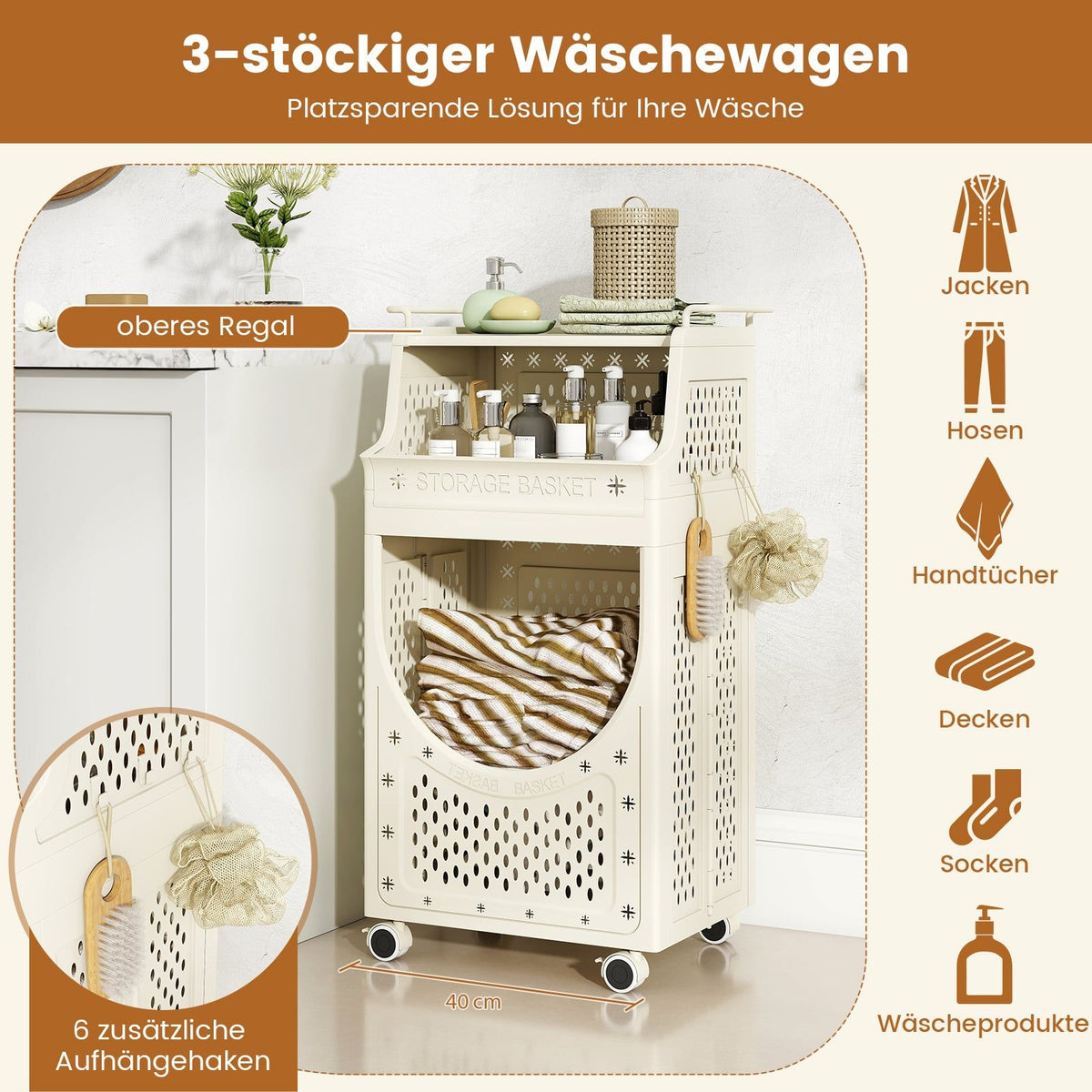 3-Tier Laundry Cart with Foldable Bag and Wheels