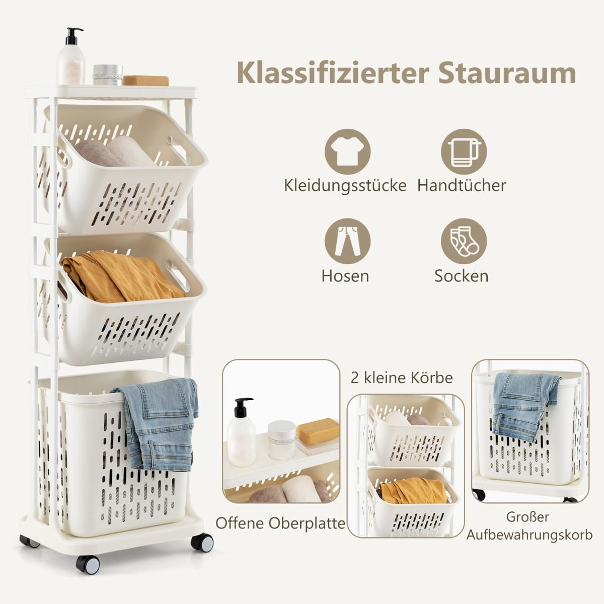 3-Tier Laundry Cart with Wheels, 3 Baskets, Metal Frame