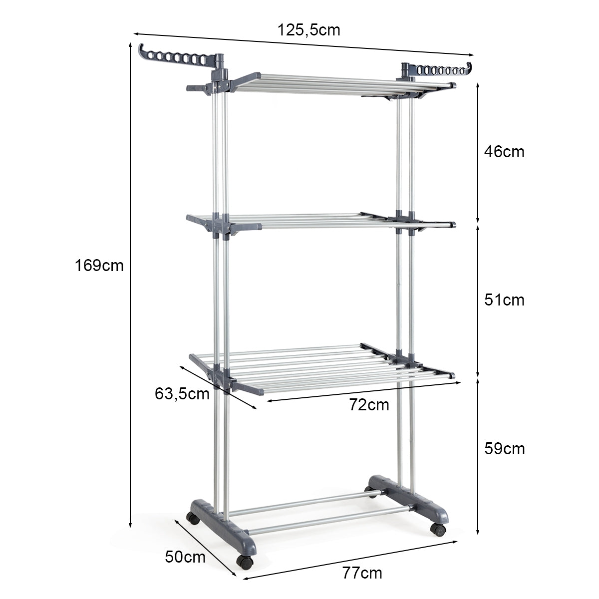 3-Tier Laundry Drying Rack, Foldable, Wheeled, 169 cm