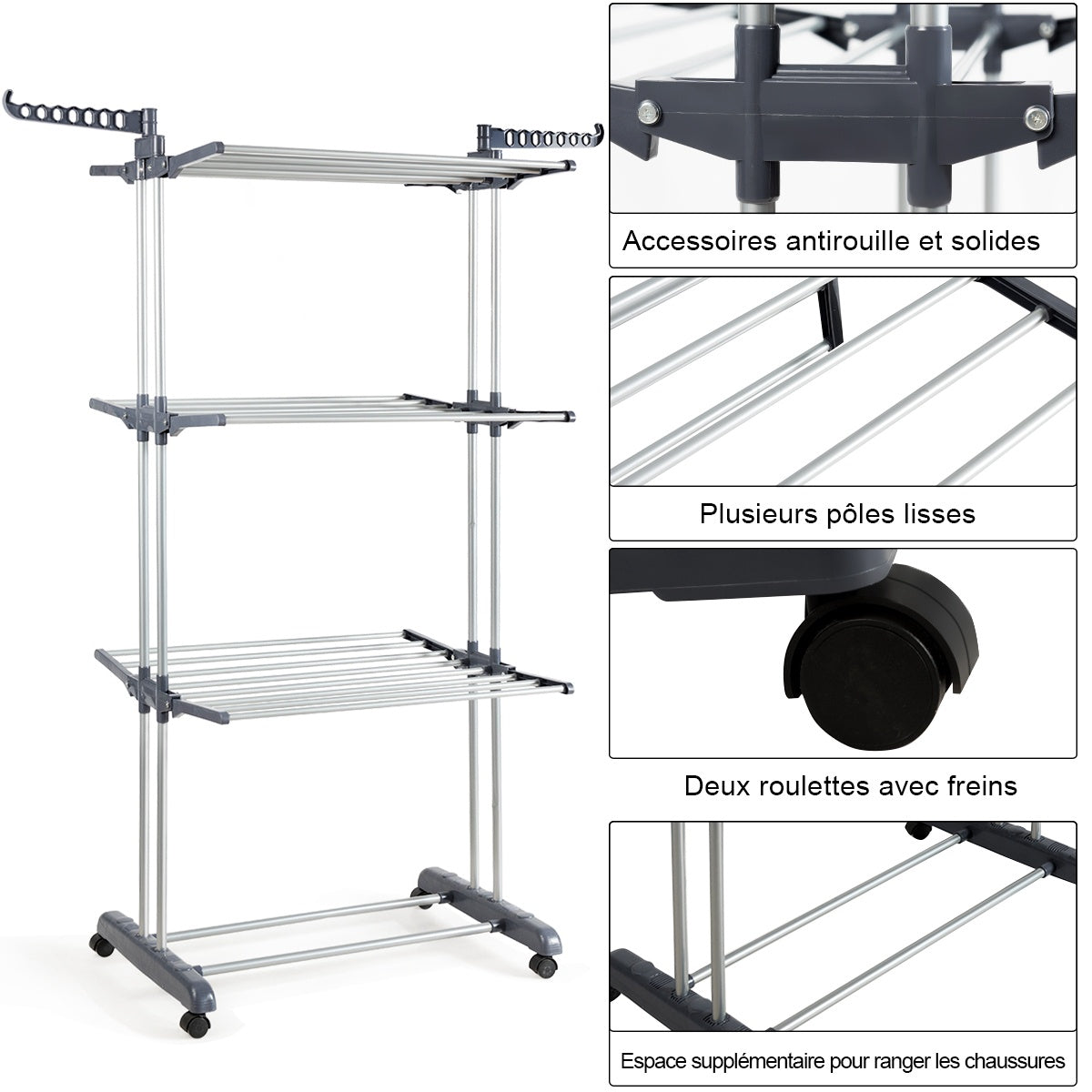 3-Tier Laundry Drying Rack, Foldable, Wheeled, 169 cm