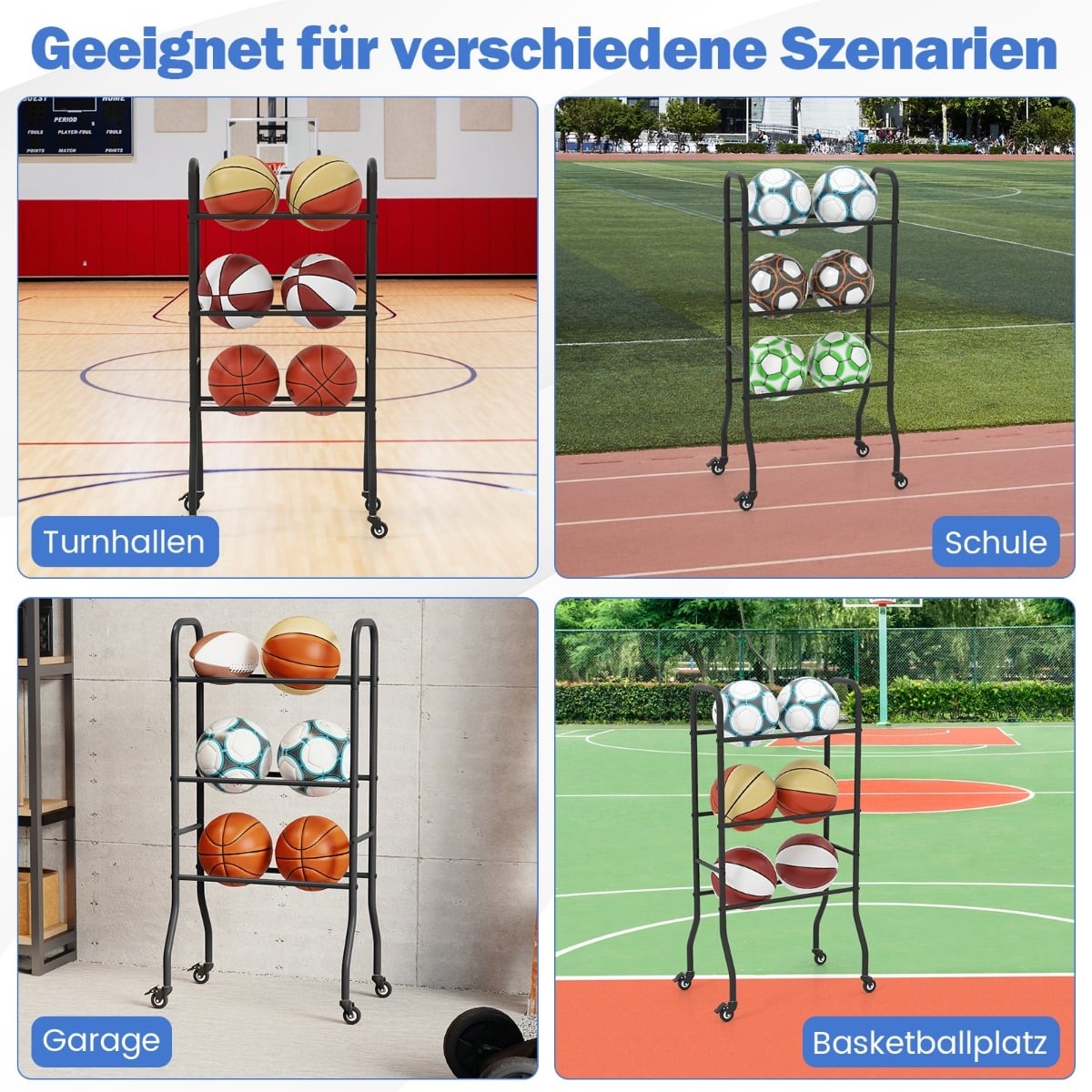 3-Tier Metal Basketball Rack with Wheels – Holds 6 Balls