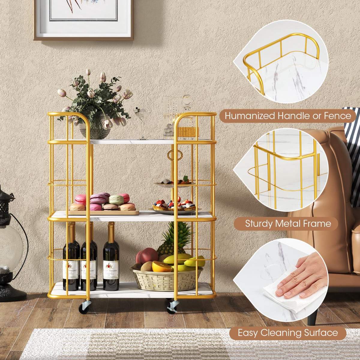 3-Tier Metal Kitchen Serving Cart, Faux Marble Top, Casters