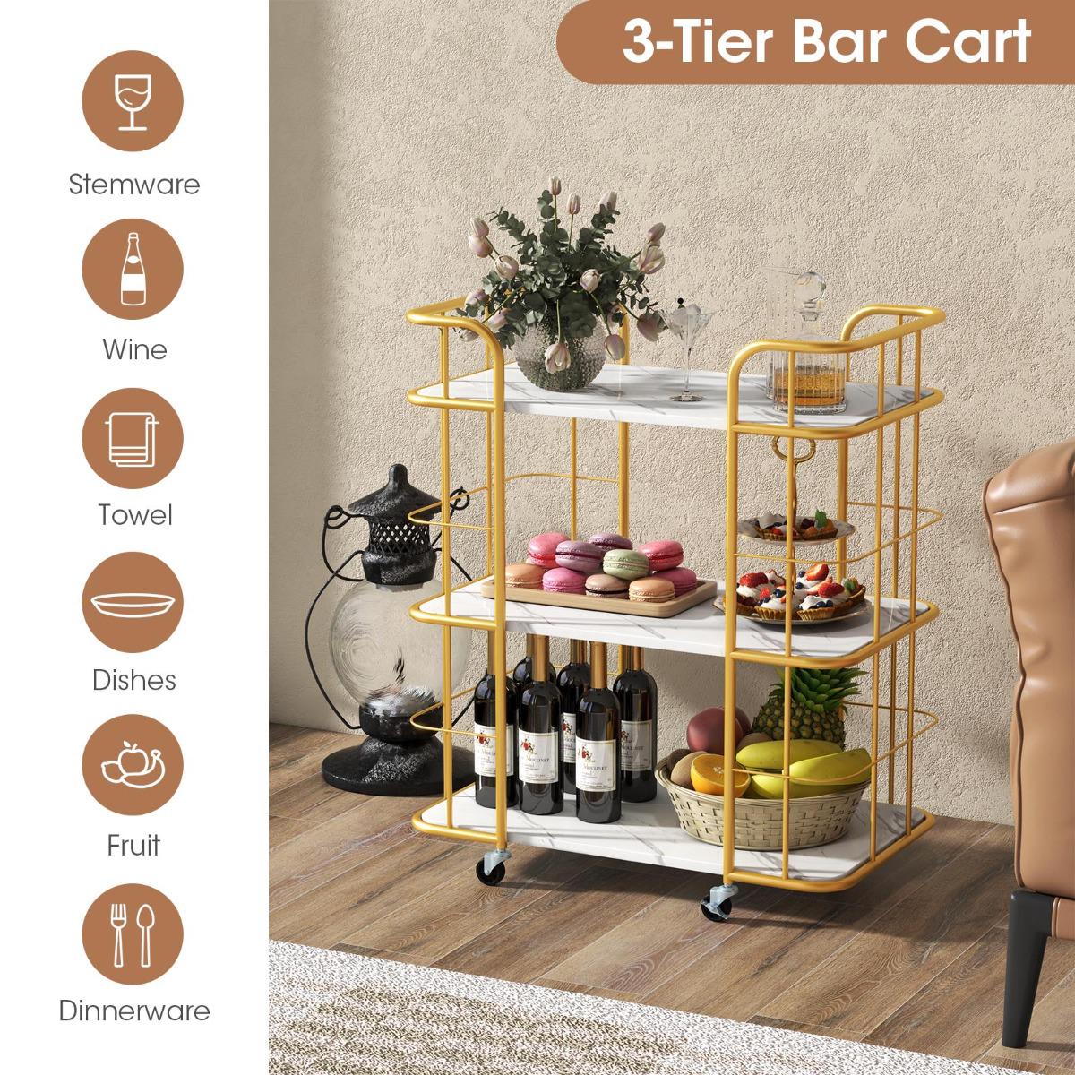 3-Tier Metal Kitchen Serving Cart, Faux Marble Top, Casters