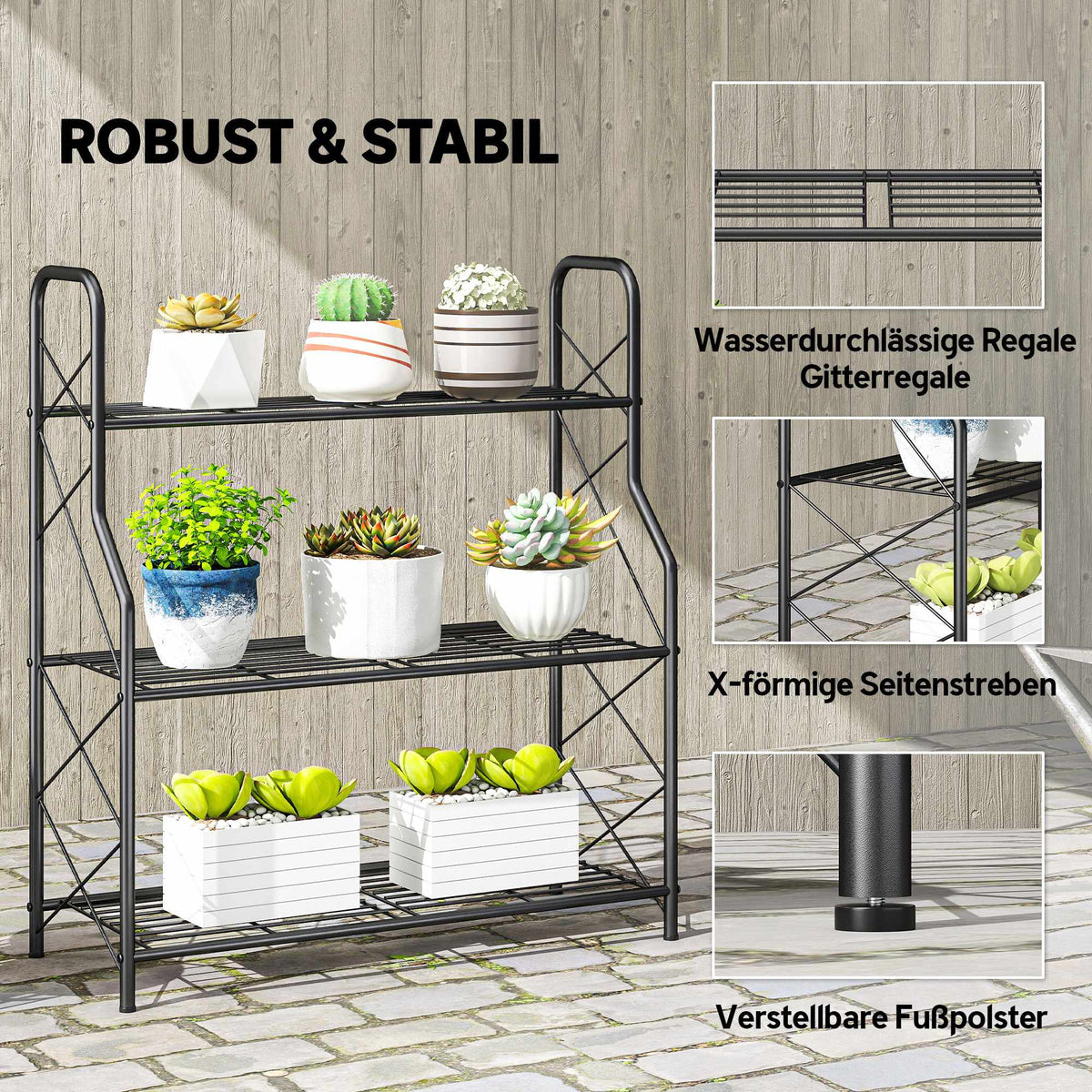 3-Tier Metal Plant Stand with Handles, 78 cm, Black