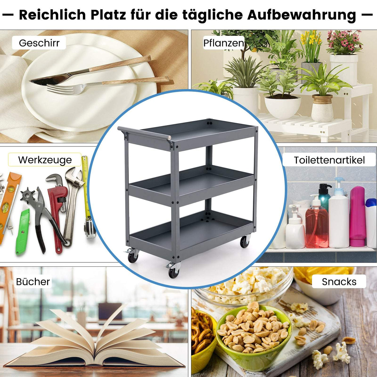 3-Tier Metal Rolling Cart with Ergonomic Handle, Gray