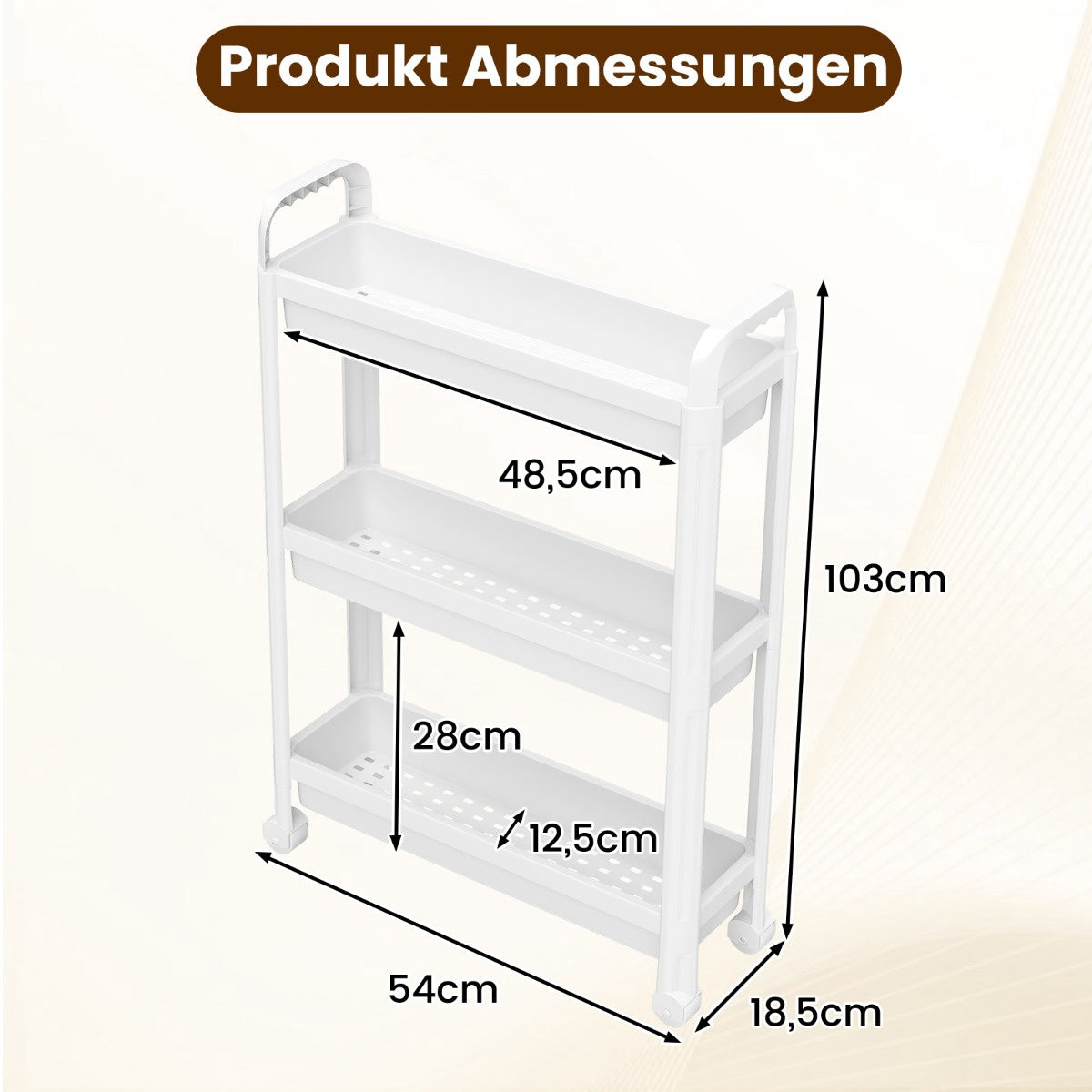 3-Tier Narrow Rolling Cart with Handles, White, 18.5 cm Wide