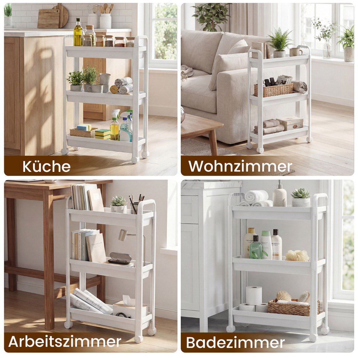 3-Tier Narrow Rolling Cart with Handles, White, 18.5 cm Wide
