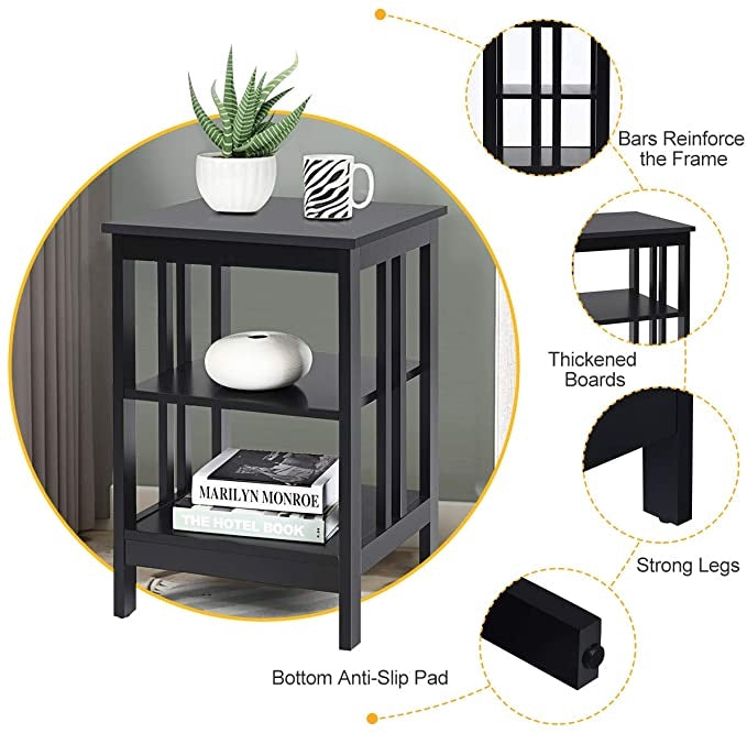 3-Tier Nightstand, MDF Shelves, Reinforced Bars, Black