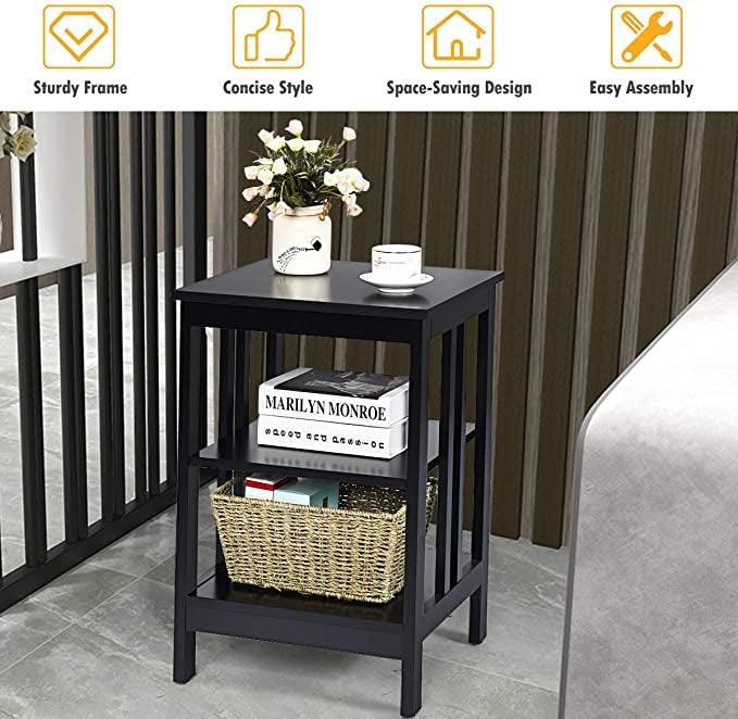 3-Tier Nightstand, MDF Shelves, Reinforced Bars, Black