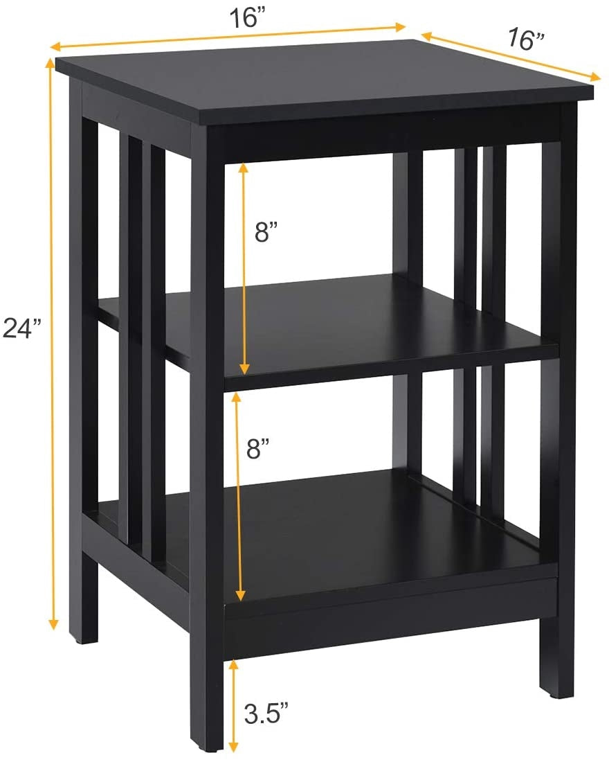 3-Tier Nightstand, MDF Shelves, Reinforced Bars, Black