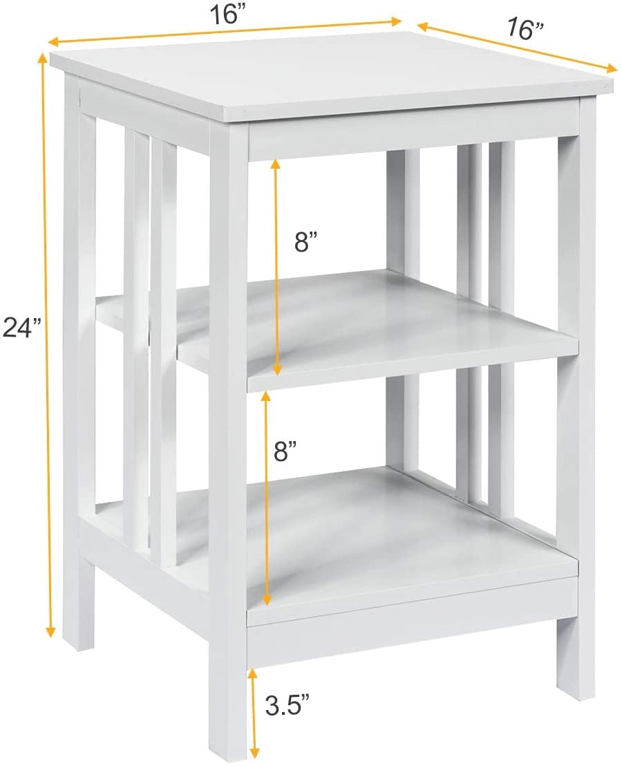 3-Tier Nightstand, MDF Shelves, Reinforced Bars, White