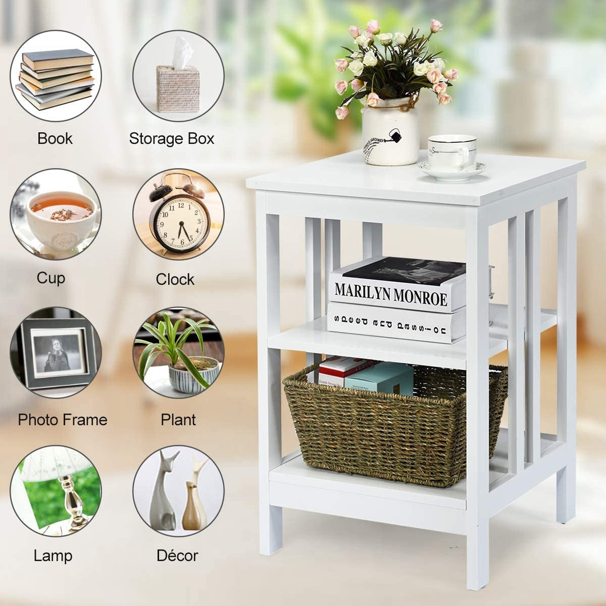 3-Tier Nightstand, MDF Shelves, Reinforced Bars, White
