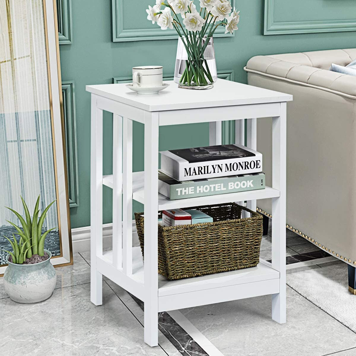 3-Tier Nightstand, MDF Shelves, Reinforced Bars, White