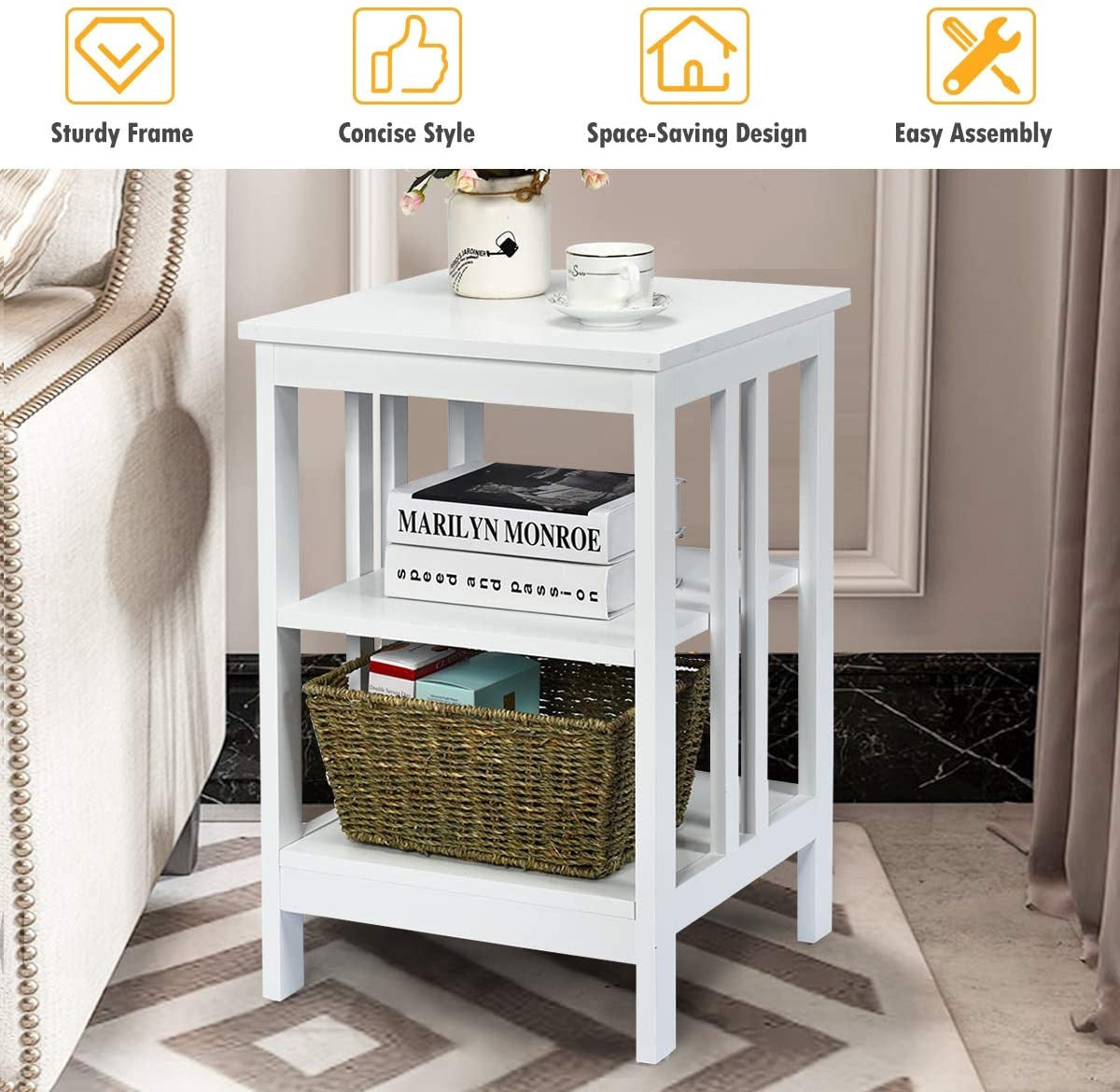 3-Tier Nightstand, MDF Shelves, Reinforced Bars, White