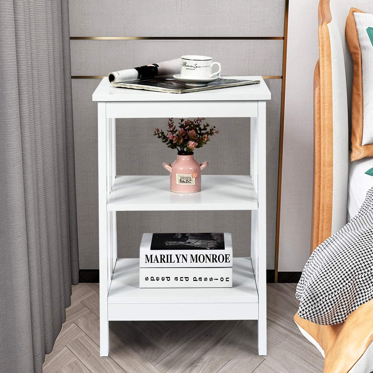 3-Tier Nightstand, MDF Shelves, Reinforced Bars, White
