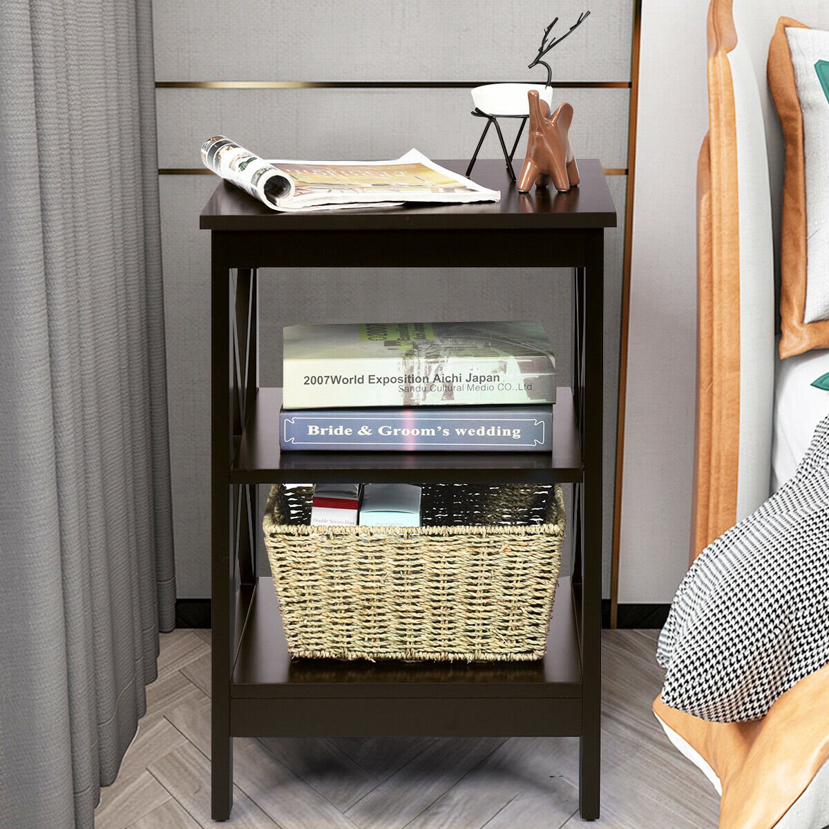 3-Tier Nightstand, X-Frame Shelves, Dark Brown