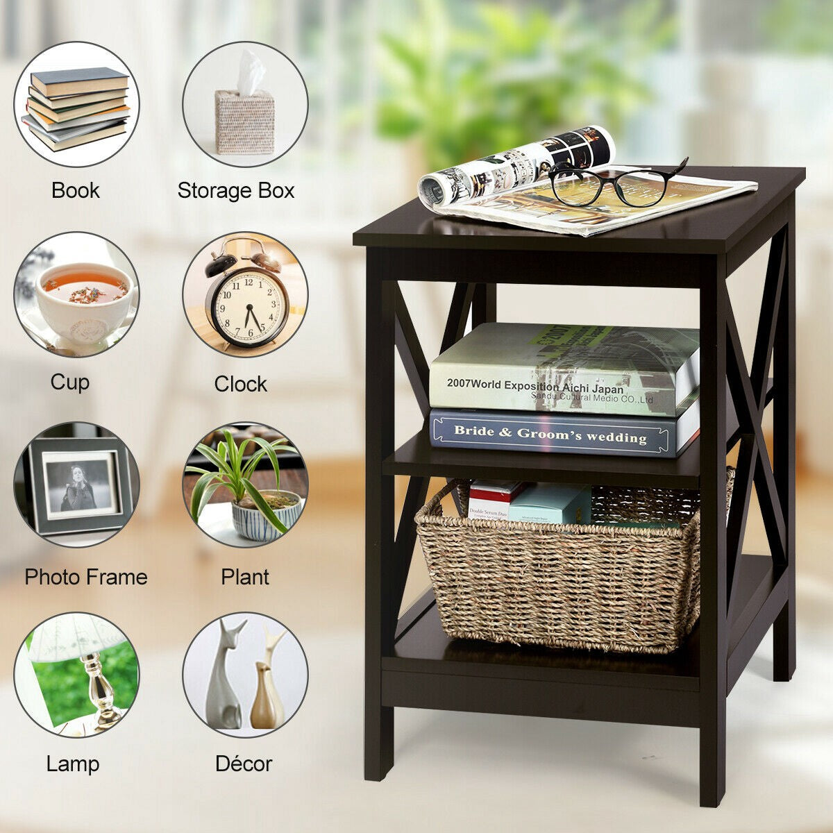 3-Tier Nightstand, X-Frame Shelves, Dark Brown
