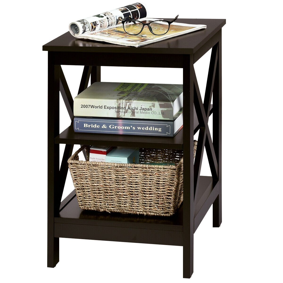 3-Tier Nightstand, X-Frame Shelves, Dark Brown