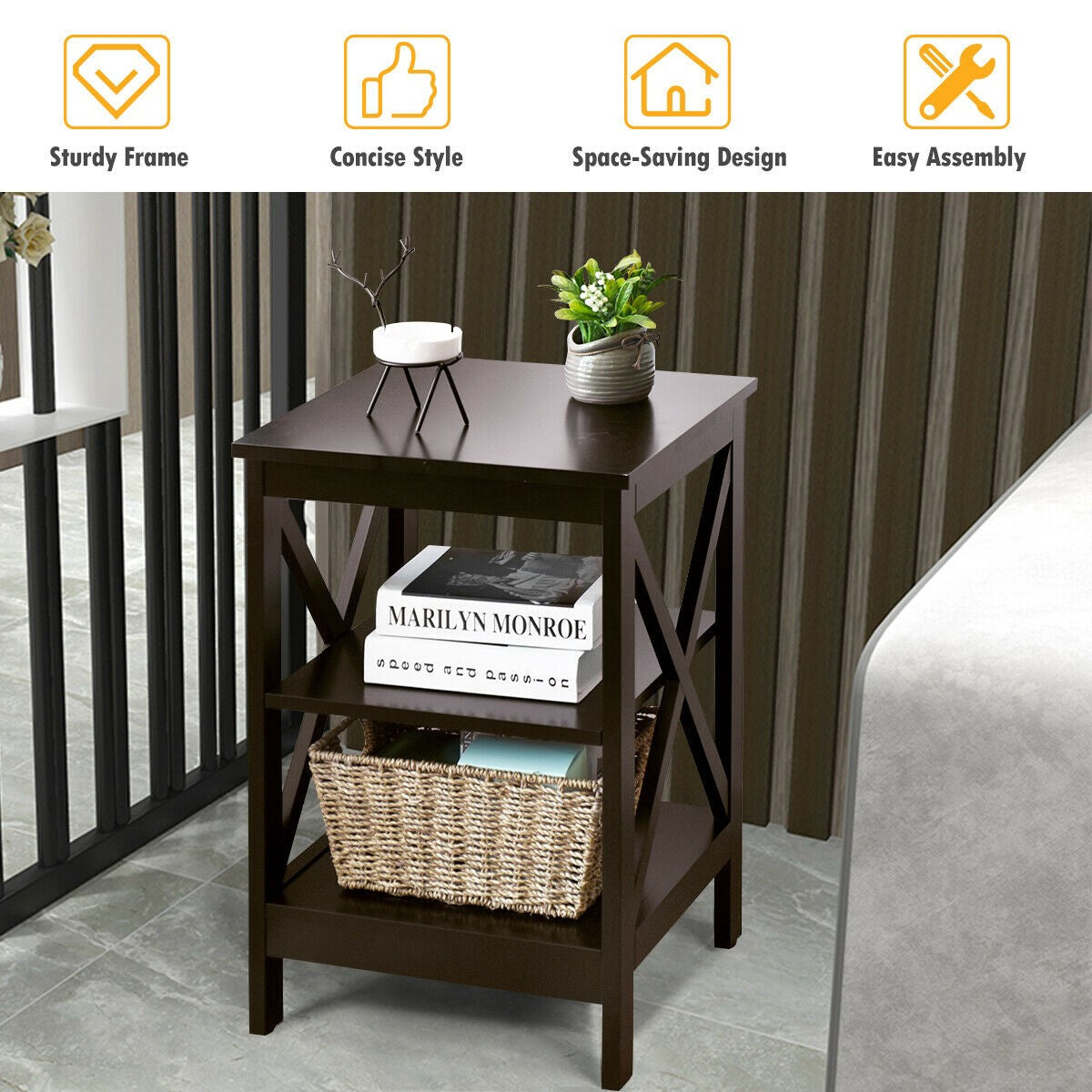 3-Tier Nightstand, X-Frame Shelves, Dark Brown