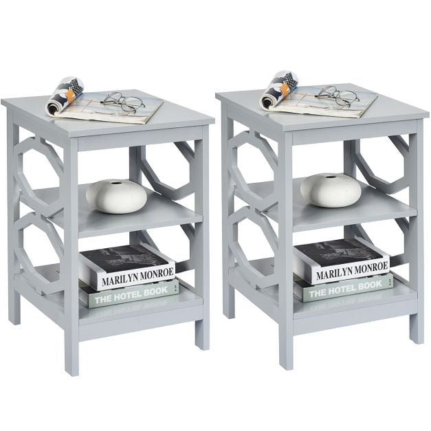 3-Tier Nightstands Set of 2, Gray MDF Side Tables