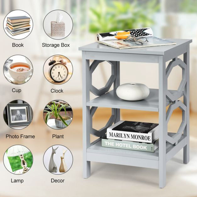 3-Tier Nightstands Set of 2, Gray MDF Side Tables