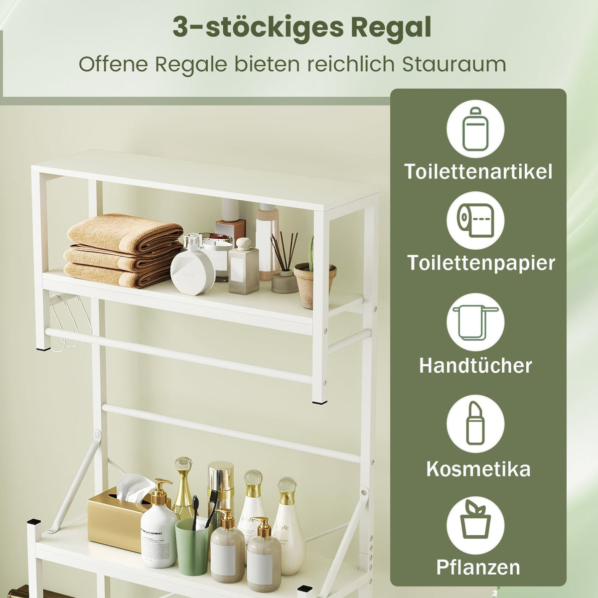 3-Tier Over-Toilet Bathroom Shelf, 64x24x162 cm, White