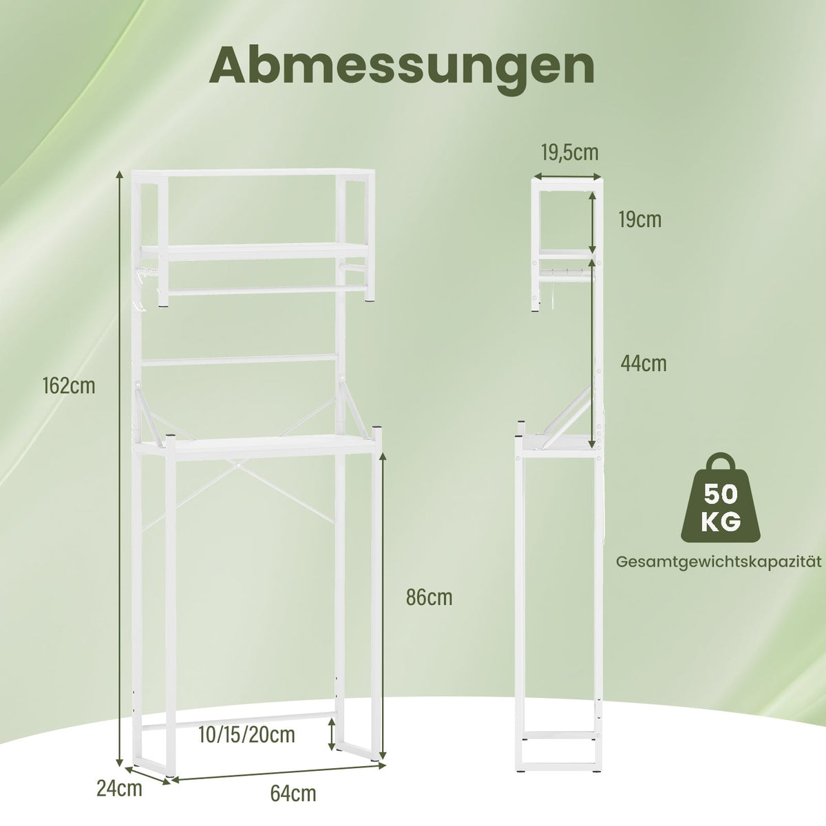 3-Tier Over-Toilet Bathroom Shelf, 64x24x162 cm, White